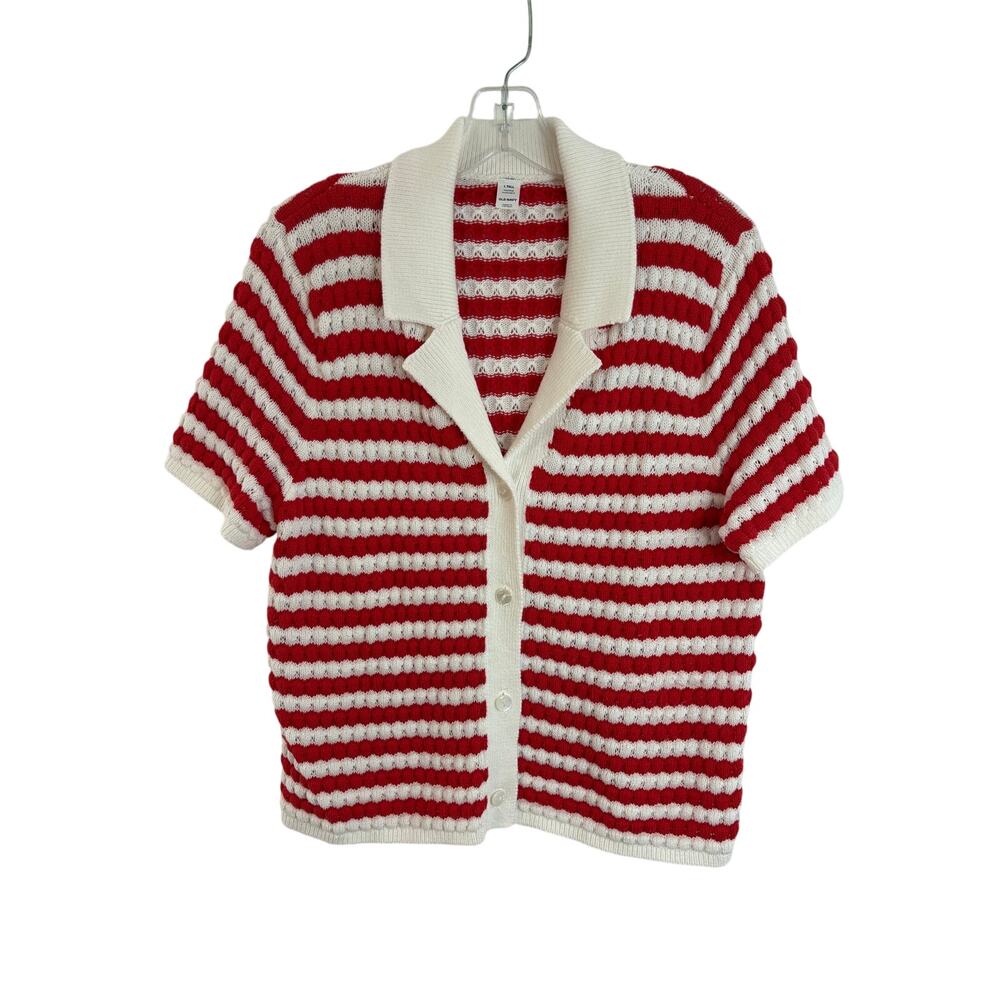Old Navy Red White Stripped Button Down Crochet Sweater Womens Size Large Tall
